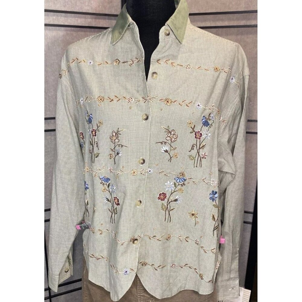 Casey & Max Size M Vintage Sage Herringbone Embroidered Floral Button Down NWT - Picture 2 of 15